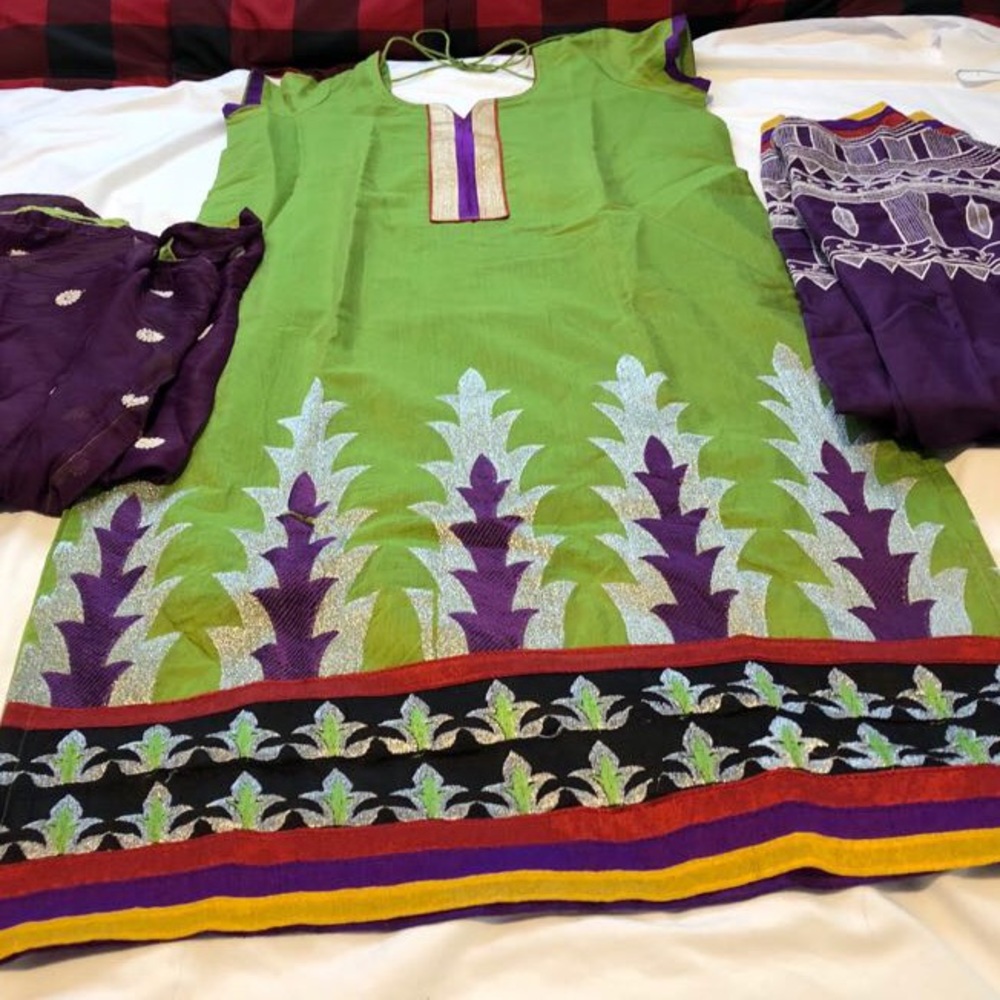 Green/purple straight cut Indian churidar/dress